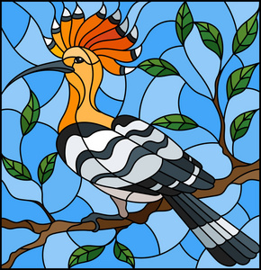 插图在彩色玻璃风格与 hoopoe 鸟坐在树枝对天空