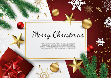 横幅与向量圣诞树树枝, 金星, 圣诞节球和空间的文本。伟大的圣诞贺卡, 横幅, 传单, 党的海报, 标题
