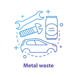 金属废料概念图标.垃圾分拣思路细折线图.钢铁和铝回收.固体废弃物.