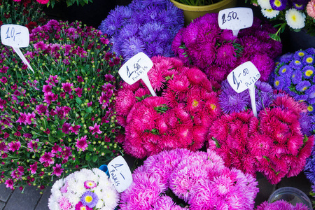 不同的秋花在中央市场出售花束与价格