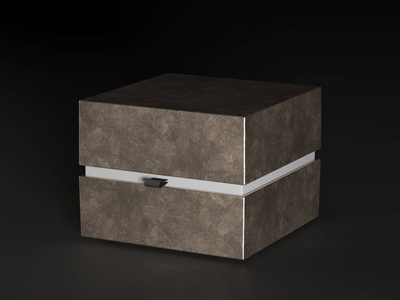 皮革礼品盒。黑色背景上的方形金箱。为模型进行包装。礼品盒。3d 渲染