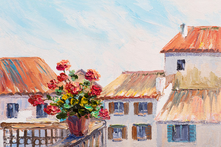 在阳台上的红玫瑰，美丽的屋顶在夏日，缤纷油画