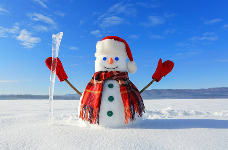 雪人手里戴着格子围巾红帽子手套和冰柱。美丽的风景与山的背景。被雪覆盖的田野。寒冷的冬日