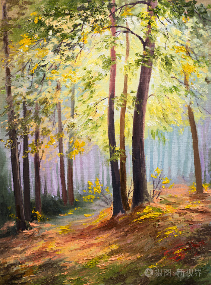 春景,树在森林里,多彩油画