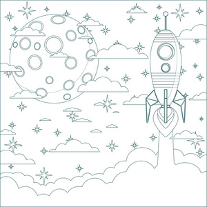 上月火箭上月球背景,矢量图的轮廓照片