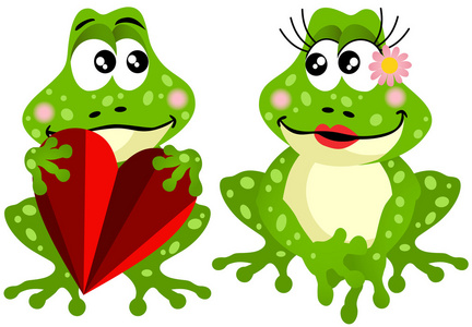 可爱的青蛙夫妇拿着红色的心