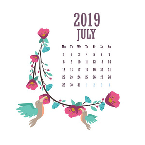 2019年日历与五颜六色的鸟和花7月
