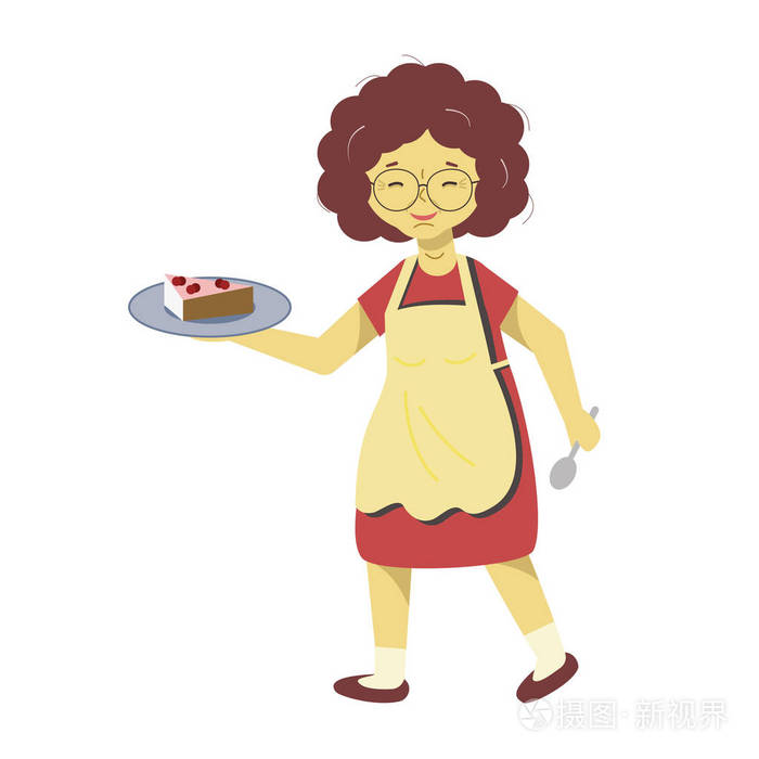 围裙里的女人带着一块蛋糕服务员在工作中设置桌子雌鸟拿着一盘食物
