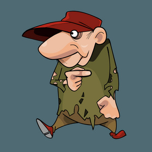 卡通受惊的人在破烂的衣服点手指到一边照片