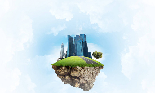 在天空中漂浮的岛上的城市景观的生态绿色概念照片