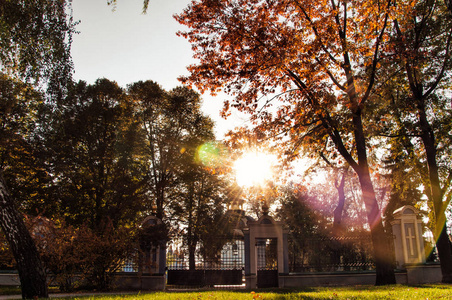 风景如画的公园附近的圣迈克尔金色圆顶修道院的围栏在秋季阳光明媚的一天, 基辅, 乌克兰