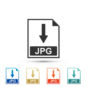 jpg 文件文档图标。下载在白色背景上隔离的 jpg 按钮图标。在彩色图标中设置元素。扁平设计。矢量插图