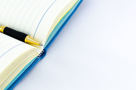 支钢笔在孤立的背景上打开的书照片