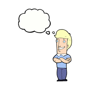 咧开嘴笑卡通漫画交叉着双臂思想泡泡咧开嘴笑的人照片