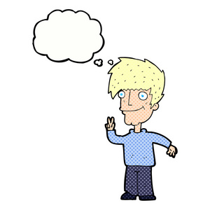 卡通漫画的人给予和平标志与思想泡泡照片