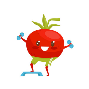 红色滑稽的西红柿运动与哑铃, 体育蔬菜卡通人物做健身运动向量例证在