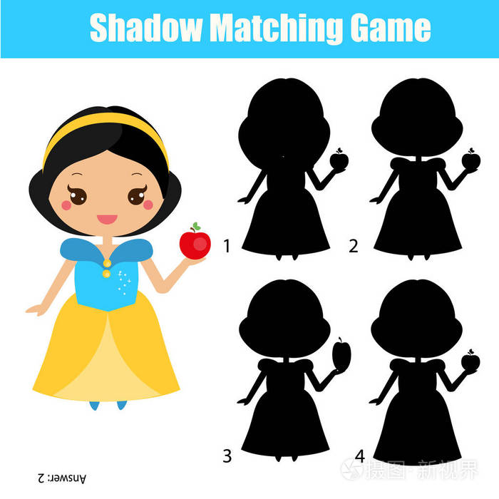 儿童阴影匹配游戏为白雪公主仙子角色找到合适的阴影