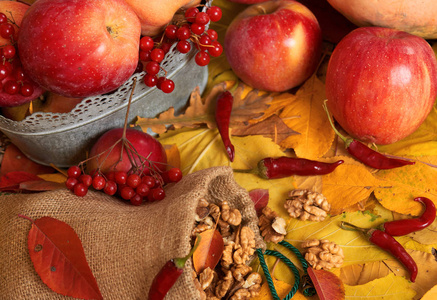 秋季收获水果和蔬菜上落黄叶, 坚果, 苹果, 南瓜, 罗恩和胡椒。秋季最佳背景