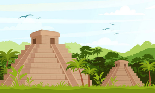 平面卡通风格的白天丛林古玛雅金字塔的矢量图解