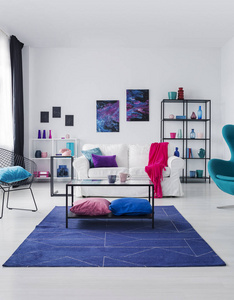 海报在白色的墙壁上的沙发与粉红色的毯子在平坦的内部与桌子在蓝色地毯。真实照片