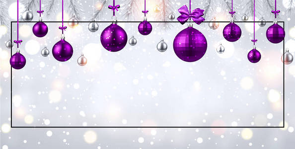 闪亮的圣诞快乐, 新年快乐的旗帜, 框架, 冷杉树枝和紫色的圣诞球