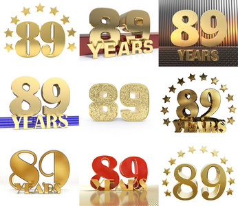 集八十九年 89 年 庆典设计。周年纪念金数模板元素为您的生日聚会。3d 插图