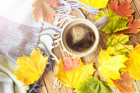 仍然生活一杯咖啡和秋天的树叶与格子, 色调