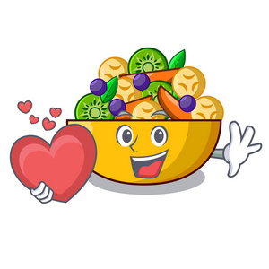 水果吉祥物与心脏吉祥物饮食新鲜美味水果沙拉矢量插图照片