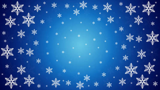 在冬天蓝色背景的大量雪花, 向量艺术例证