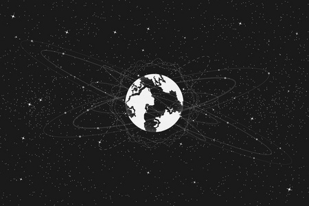 概念星云宇宙行星抽象的黑白概念.地球行星背景与星. 向量和例证插画