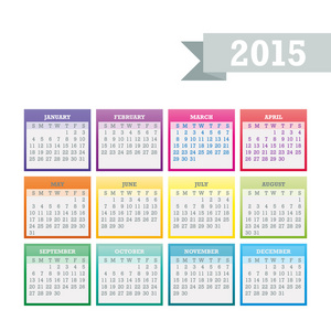 多彩的 2015年日历。周从星期日开始。矢量图形模板