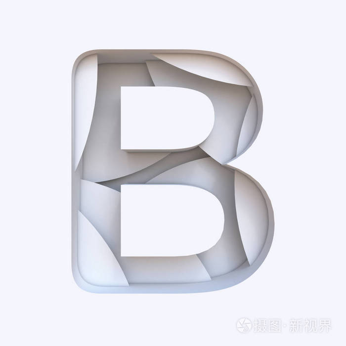 白色抽象图层字体字母 b 3d 在白色背景上隔离的渲染插图