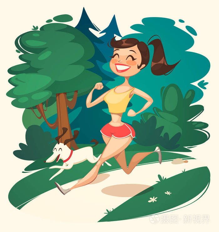 女孩在公园里跑步.矢量插图