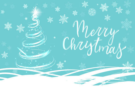 蓝色贺卡, 有一棵闪亮的圣诞树, 上面有白色的雪花和圣诞快乐的书法铭文