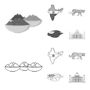 印度国家概况, 单色图标在集合中进行设计。印度和地标矢量符号股票网页插图