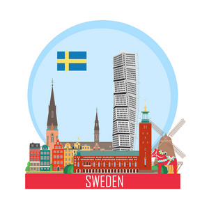 瑞典背景与全国景点。旅行社的图标。向量例证