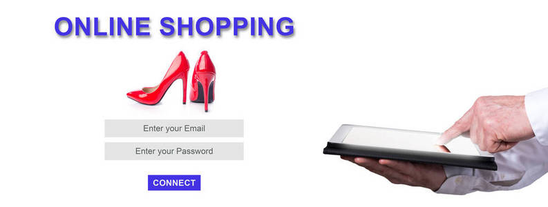 手指指向数字平板电脑与网上购物的概念在背景
