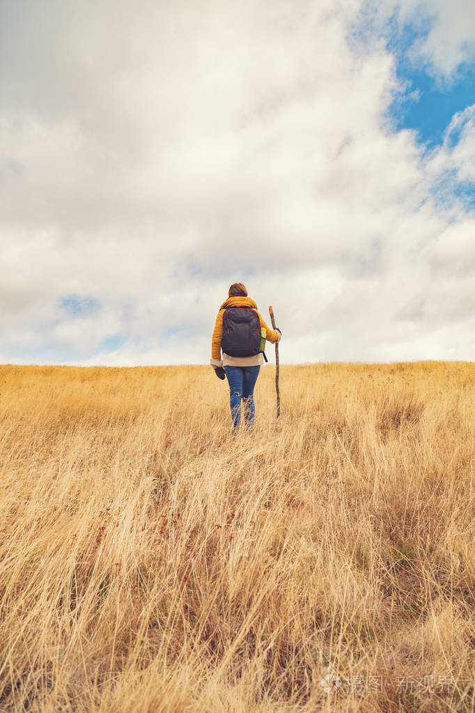 年轻的徒步旅行者在自然或荒野-徒步旅行户外