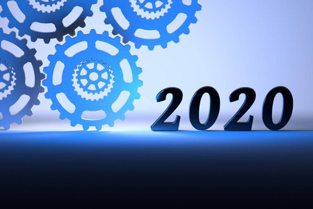 新年2020数字与齿轮。新年贺卡在蓝色的颜色。3d 插图