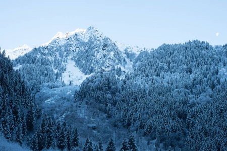 木屋库尔舍维勒雪冬旅游滑雪胜地。田园山林中的传统仿古木屋美景