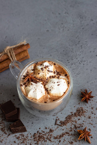 热巧克力可可饮料在玻璃杯与棉花糖糖果, 肉桂棒, 茴香, 巧克力和华夫饼。复制空间。冬季食品饮料概念