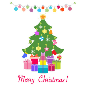 新年快乐2019和圣诞节向量例证。装饰圣诞树, 礼品, 花环