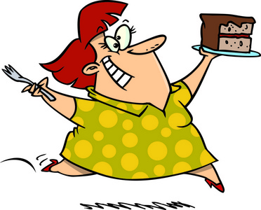 一个胖乎乎的白种人女人和一个蛋糕的漫画