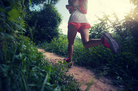 年轻女子小径赛跑者在热带森林小径上奔跑