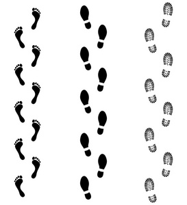 设置符号足迹人类。人类的脚部落后。在白色背景查出的黑色标志。向量例证