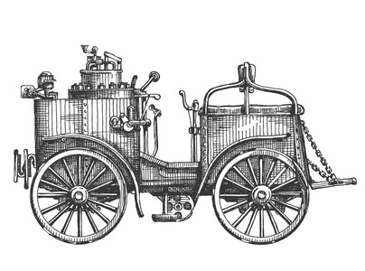 在白色背景上的蒸汽汽车。素描