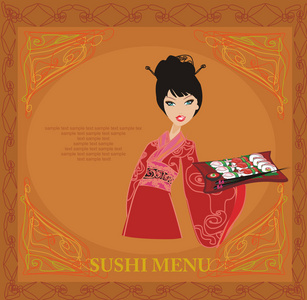 甜美的亚洲女孩享受寿司卡图片