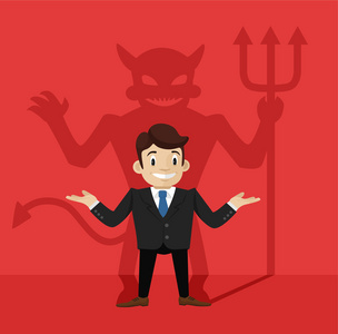矢量平面卡通孤立插图业务人注视着自己的魔鬼恶魔影子概念