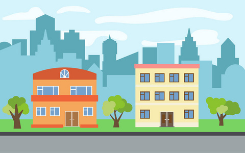 在阳光明媚的日子里, 有两层三层卡通房子和绿树的矢量城市.