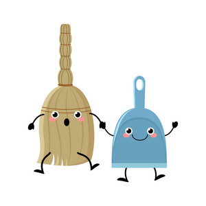 可爱的卡通扫帚和簸箕字符矢量 illustartion 在照片